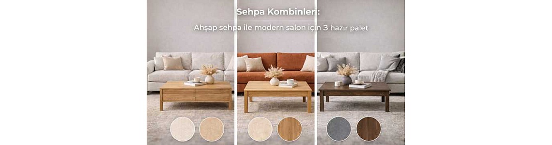 Sehpa Kombinleri: Ahşap sehpa ile modern salon için 3 hazır palet